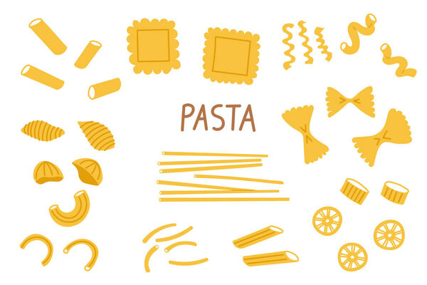 Pasta doodle hand drawn vector illustration on isolated background. Types of wheat flour products in cartoon style, macaroni,fettuccine, lasagne, cavatappi, rotelle, farfalle, rigatoni. Italian food