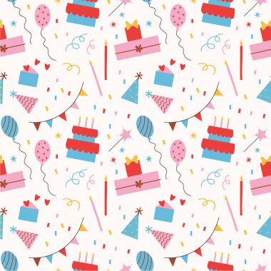 Konfeti, balon, pasta, hediyeler, kalp, şenlikli süslemeler eşliğinde kusursuz bir doğum günü kutlaması. Kutlama, tasarım ve kart için tatil geçmişini tekrarlıyorum. Vektör çizgi film illüstrasyonu 