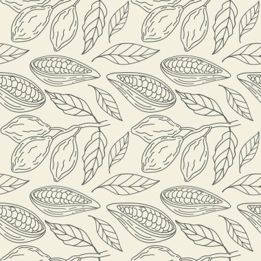 Kakaolu fasulyeler elle çizilmiş vektör çizimleri. Kakao bitkisi, çiçek, yaprak, fasulye ile arka plan tekrarlanıyor. Çikolata malzemesi, tatlı tatlı, yağ, aroma. Yazdırma, etiketleme, kart için çizim