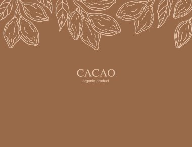 Dal üzerinde kakao meyvesi ve yazı için el çizimi etiket arka planı. Logo, kart, baskı, kağıt, işaret, tasarım ve ambalaj için kakao bitkisi şablonu. Çikolata, organik yağ, yiyecek, güzellik.