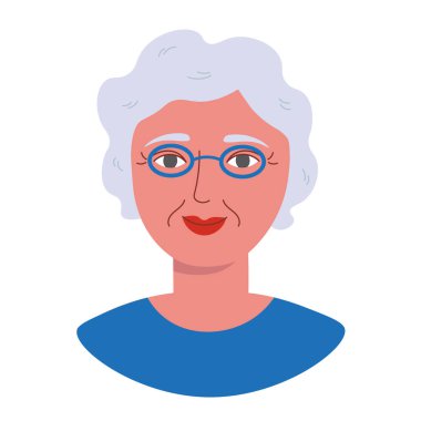 Gözlük takan ve kırışıklıkları olan yetişkin bir kadın izole edilmiş arka planda vektör çizimi yapıyor. Gri saçlı, gözlüklü yaşlı bir kadının portresi. Tasarım için çizgi film tarzında bir kadın.