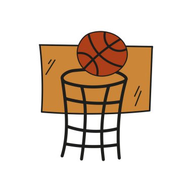 Basketbol topu basketbol potasındaki el izole edilmiş düz vektör çizimi. Basketbol potalı spor unsurları, işaret, logo, baskı, kağıt, çizgi film stili broşür tasarım unsuru