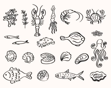 Deniz ürünleri el yapımı vektör çizimi. Mürekkep çizimi beyaz arkaplanda izole edildi. Deniz tarağı, ıstakoz, dorado, somon, sardalya, istiridye, havyar, karides, kerevit, mürekkep balığı, uskumru, yosun.