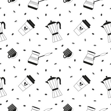 Farklı kahve türleri ve kahve çekirdekleri. Türkçe, İtalyanca, kahve ve bardakla birlikte tekrarlanan özgeçmiş. Baskı, tekstil, ambalaj, kart, kağıt için tasarım süsü