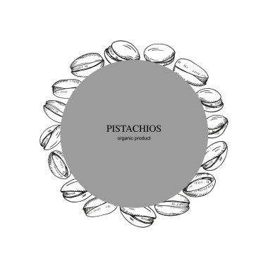 Pistachios etiket arkaplanı metin için. Çam fıstığı ve organik besin maddeleriyle sınırlandırılmış. Kart, baskı, kağıt, ambalaj, logo için tasarım çerçevesi. Elle çizilmiş vektör çizimi