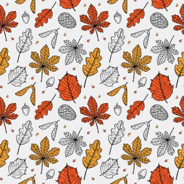 Sonbahar orman bitkileriyle kusursuz desenler, yapraklar. El çizimi Vektör, meşe palamudu, meşe yaprağı ve yaprakla arka planı tekrarlıyor. Herhangi bir yapay zeka yazılımı olmadan oluşturulan resim