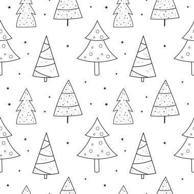 Ormandaki Noel ağaçları ve kardan çıkan kar taneleri. Minimalist, pürüzsüz desen, kış dekoratif süsü. Tebrik kartı, tekstil, ambalaj, şablon için el çizimi şenlik arka planı