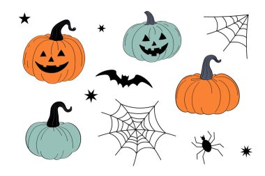 Cadılar Bayramı için farklı balkabağı fenerleri, yarasa, örümcek ağı ve yıldızlarla birlikte çizgi film vektörleri ayarlandı. Tasarım, kart, ilan, poster, baskı, kağıt için sonbahar Azizleri bayramını kutlamak için elle çizilmiş unsurlar