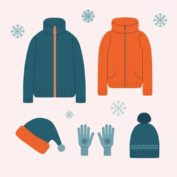 stock vector Vector Winter warm accessories. Hand drawn flat illustration with winter clothes, knitted sweater, footer cardigan, hats, gloves, snowflakes.The image created without  artificial intelligence software