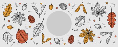  Metin için vektör sonbahar afişi. Sonbahar yaprakları, kozalaklar, palamut, akçaağaç yaprağı, meşe yaprağı ve bitkilerle el çizimi. Şükran Günü için tasarım öğeleri, sonbahar sezonu, olay, web, kart, broşür