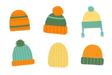Sıcak örülmüş şapkalarla el çizimi vektör seti, bere. Güzel başlık, kep, izole edilmiş arka planda aksesuarlar. Düz renk çizimi. Yapay zeka yazılımı kullanmadan oluşturulan resimler