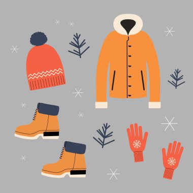 Vektör Kış Aksesuarları. El çizimi düz çizimi, kışlık giysiler, kışlık palto, koyun derisi ceket, botlar, ladin dalları, şapkalar, eldivenler, kar taneleri. Kış tasarım elementleri, moda
