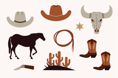İzole edilmiş arka planda kovboy vahşi batı temalı el çizimi vektör seti. At, kovboy şapkası, çizmeler, kaktüs, bıçak, şerif rozeti, boğa kafası, kementle kırbaç. Tasarım simgeleri