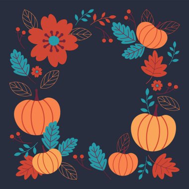 Balkabaklı sonbahar kartı, mesaj için sonbahar bitkileri. Sonbahar tatili için el çizimi vektör geçmişi, Şükran Günü, balkabağı hasadı. Tebrik kartı, afiş, poster, şablon, broşür için tasarım ögesi