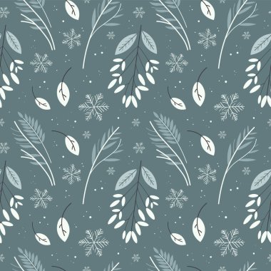 Kış bitkileri, kar taneleri, çiçekler ve yapraklarla tekrar eden boho arka planı. Kış doğası kusursuz desen, yeni yıl için çiçek motifi. Paketleme, kart, el ilanı, şablon, baskı, kağıt için tasarım