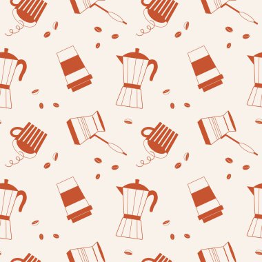 Kahve ekipmanlarıyla kusursuz desen, sıcak içecekle fincan, İtalyan espresso ve bardakla servis kahvesi. Espresso, fasulye, Türk ve afiş için sıcak Americano ile arka planda tekrarlanıyor.