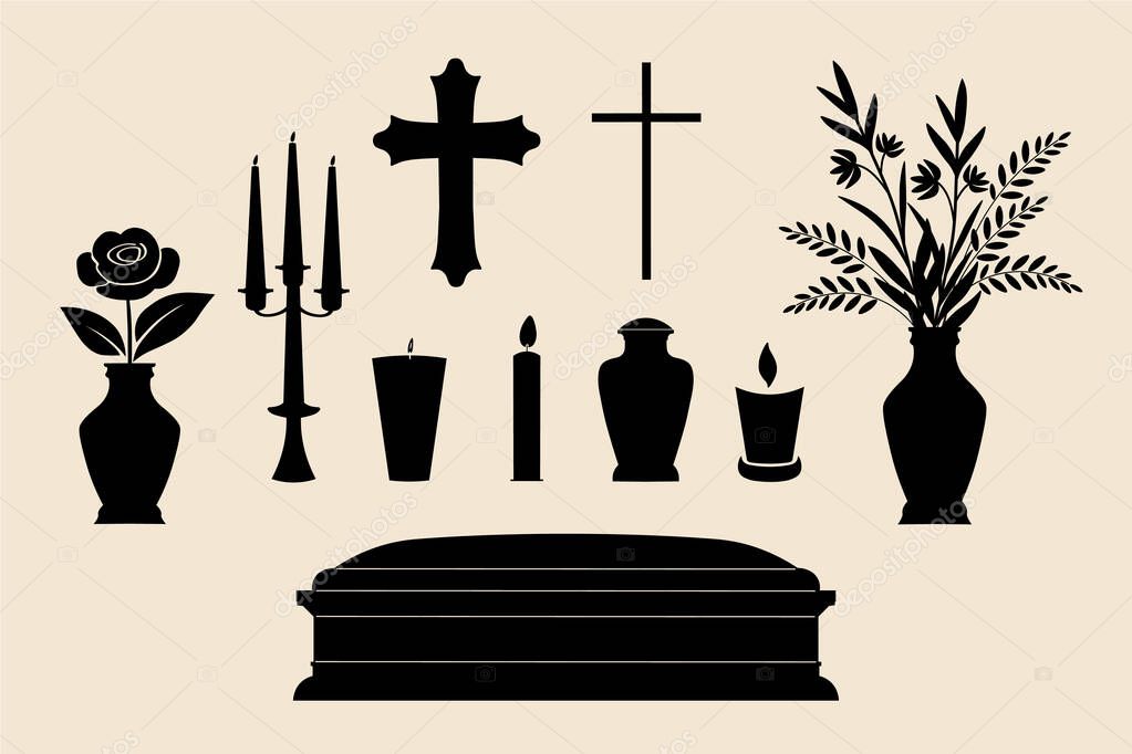 Funeral icons. Silhouette illustration with Cross, coffin, candlestick, bouquet in a vase, flower, urn for ashes cremation, candles. Vector design elements for Morning wishes, condolence, invitation