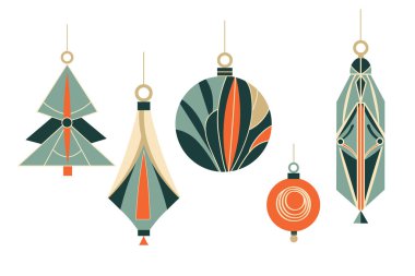 Art Deco tarzında vektör Noel ağacı oyuncakları. Düz zarif yeni yıl dekoruyla el çizimi karalama. Modern kış Xmas tasarım, el ilanı, kağıt, kart, poster, baskı, tebrik için hazırlanmıştır.