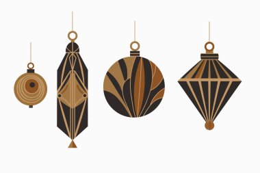 Art Deco tarzında vektör Noel ağacı oyuncakları. Düz zarif yeni yıl dekoruyla el çizimi karalama. Vektör kış Xmas tasarım, el ilanı, kağıt, kart, baskı, tebrik, karnaval için ayarlandı