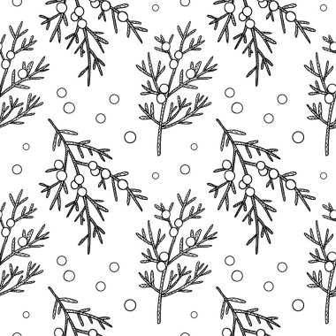 Ardıç dalları ve böğürtlenli vektörsüz desen. Elle çizilmiş arka plan heather bitkileri ve meyvelerle tekrar ediliyor. Yiyecek, ilaç malzemesi. Yazdırma, tekstil, kağıt, kart, etiket için tasarım