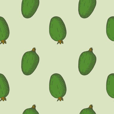 Fayjoa bitkilerinin oymalı kusursuz deseni. Dal ve yenilebilir tropikal böğürtlen meyveleri ile arka planda tekrarlanan el çizimi. Yemek, tatlı. Etiket, ambalaj, kart için tasarım ögesi