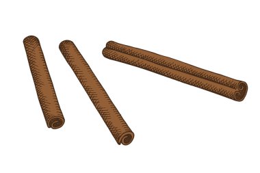 Tarçın çubukları ile izole edilmiş arka planda vektör illüstrasyonu. El yapımı kabuklu kahverengi baharat. Baharatlı baharat, baharatlı aromalı yemek ve pişirme malzemesi. Logo için tasarım ögesi, imzala