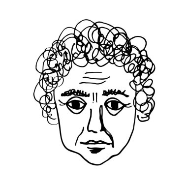 İzole edilmiş arka planda kıvırcık saçlı yetişkin bir adamın el çizimi. Grange tarzında soyut bir kişinin vektör çizimi. Duygular ve yaşam tarzı, sakin yüz, karakter