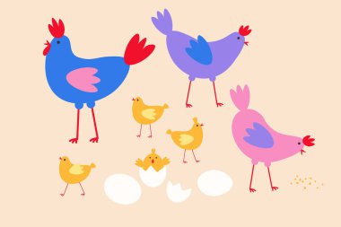 Elle çizilmiş şirin tavuklar, tavuklar, horozlar, yazılı yumurtalar. Çiftçilerin Paskalya tatili, doğum günü, Bebek Duşu için gerekçesi olan şenlikli bir geçmiş. Tebrikler. Kart, poster, broşür tasarımı