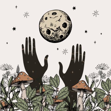 Full Moon Rituals in the forest. Hand drawn vector illustration with magical motive. Mystical doodle with hands, moon, stars, flowers, fly agaric, plants. Lifestyle, customs, yoga, spiritual, nature clipart