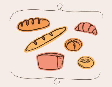 Pastane Ürünleri vektörü izole edilmiş arka plana ayarlandı. El yapımı kruvasan, baget, ekmek, çörek, işaret için tatlı hamur işi, logo, kart, şablon, baskı, ambalaj, kağıt, menü, tasarım