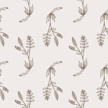 Meyan kökü bitkisinin ve kuru köklerinin kusursuz deseni. Tıbbi aromatik çubuklar ve çiçek dalı Glycyrhiza echinata ile el çizimi tekrarlanan arka plan. Uyum Tasarımı