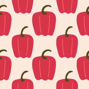 Kırmızı biberli, pürüzsüz bir şablon. Capsicum sebzeleri, portakal kırmızısı baharat meyveleri ile arka plan tekrarlanıyor. Yiyecek ve hasat. Etiket, ambalaj, kağıt, tekstil, bayrak için tasarım uyumluluğu