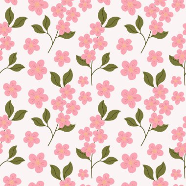 Çiçek açan pembe kiraz çiçekleriyle kusursuz bir desen. Çiçek desenli arka plan tekrarlanıyor. Pankart, ambalaj, kart, baskı, kağıt, poster ve şablon için bahar motifi. Botanik Uyum 
