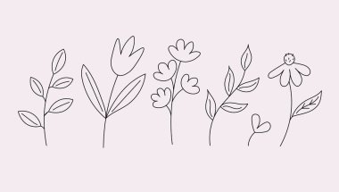 Bahar çiçeklerinin ve bitkilerin vektör çizimleri. Tulip ve yabani çiçeklerle, çiçek açan çiçeklerle çizim yap. Dekor tatil kartları için tasarım öğeleri, Anneler Günü, doğum günü, 8 Mart, düğün, etkinlik