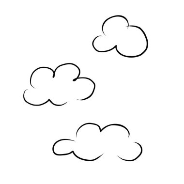 İzole edilmiş arka planda bulutlu çizim. Tabela, tasarım, baskı, kağıt, kart, logo için çizilmiş el çizimi vektör seti. Hava, ruh hali, doğa.