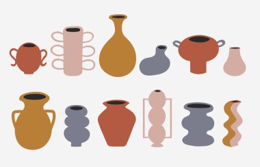İzole edilmiş arka planda seramik vazolar ve çömlekler. Tasarım, dekor ve heykel stüdyoları için çeşitli şekillendirilmiş kil sürahileriyle el çizimi vektör çizimi. Kağıt, el ilanı, poster, kart için hazır. Hobi ve çanak çömlek