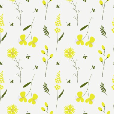 Sarı bahar çiçekleri ve yapraklar pürüzsüz desen. Mimoza, çuha çiçeği ve papatya ile tekrar ediyorum. Çiçek açan bitkilerle el çizimi bir uyum. Tekstil ve kağıt için bitkisel vektör arkaplanı