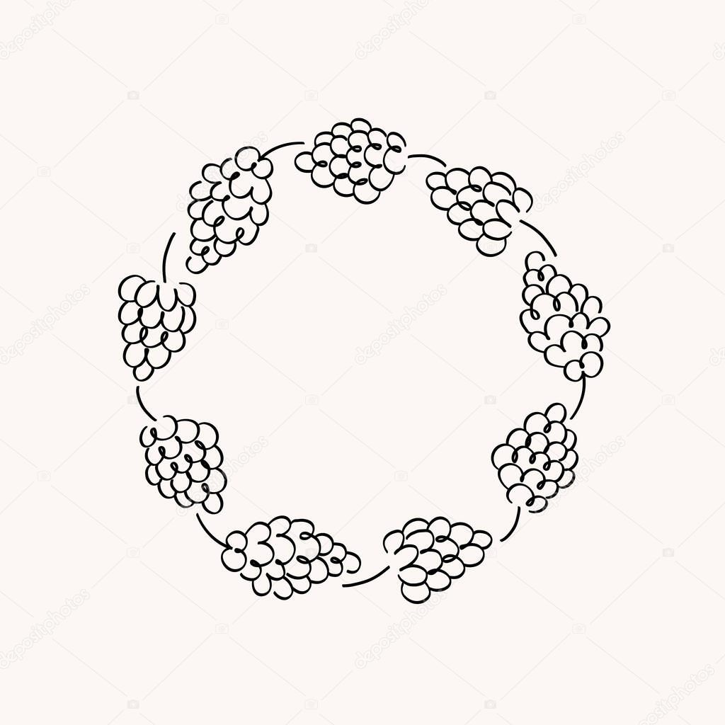 Grapes label for text. Hand drawn vector border frame with bunch of Grapevine berries on isolated background. Food, dry raisins, healthy food, harvest fruit. For card, icon, logo, print, template