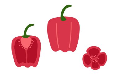 Kırmızı biberin tamamı, yarısı ve soyutlanmış arka planda dilimlenmiş Paprika. Capsicum sebzeli vektör illüstrasyonu, baharat meyveleri. Yiyecek ve hasat. Etiket, ambalaj, kağıt, tekstil, pankart, işaret için tasarım