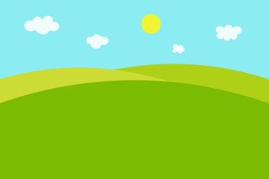 Manzaralı bayrak, yeşil çimen tarlası, güneş, bulutlar, yazı için mavi gökyüzü. El çizimi vektör yaz soyut arka plan yatay illüstrasyon. Bulutsuz hava, yaz zamanı, doğa ile kart sınırı