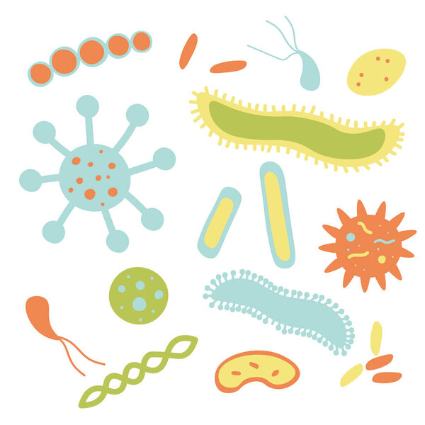 Векторная иллюстрация с бактериями, вирусами, микробами на изолированном фоне. Ручной рисунок микроорганизмов в плоском стиле для плаката, вывески, открытки, печати, дизайна, логотипа. Наука, медицина, гипноз, биология