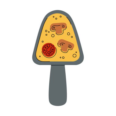 Raclette national Swiss German dish top view. İşlenmiş peynirle, mantarla ve izole edilmiş arka planda domatesle elle çizilmiş besin tasviri. Logo, kart, menü için tasarım ögesi 