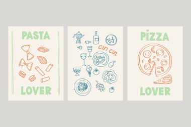 Makarna ve Pizzacı Pankart ya da İtalyan mutfağıyla süslenmiş poster. Çizim stili el çizimi posterlerin vektör yemek çizimi. Duvar resimleri dekoru. Davetiyeler, menü tasarımı, kart, broşür