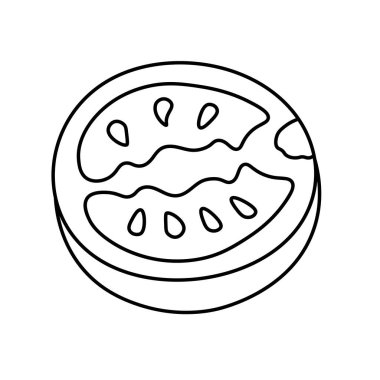 Yarı domates üst görünümü. Yemek vektör çizimi. Logo, işaret, kart, etiket, baskı, kağıt, paketleme, ambalaj için izole edilmiş arka planda kesilmiş kirazlı domates sebzesinin el çizimi. Tasarım ögesi 