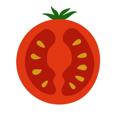 İzole edilmiş arka planda yarım domates vektör çizimi. Kirazlı domatesler, kırmızı olgun sebzeler, yiyecek. Pomodoro işareti. El çizimi tasarım ögesi etiket, logo, kağıt, paketleme, paketleme için düz stil