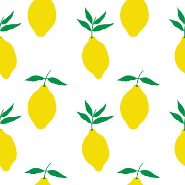 Lemon Citrus meyvesi tekrar eden pürüzsüz bir desen. Sarı sitronları olan vektör arkaplan. Sarı kireç bitkisiyle uyum ve ambalaj için yapraklar, tekstil, kağıt, kart, baskı, kağıt, etiket