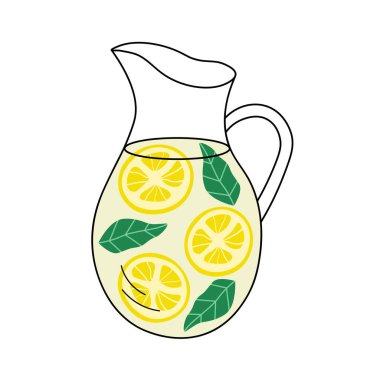 Limon dilimli soğuk içecek ve izole arka planda cam sürahide nane yaprağı. Lezzetli su, ev yapımı limonata, yaz ferahlatıcı içecek. Tasarım, menü, kart, simge için düz gıda çizimi