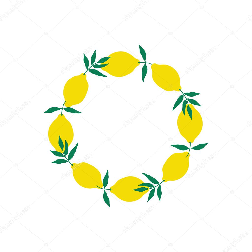 Frame label with Lemon Citrus fruits for text on isolated background.  Border background with yellow Lime plants, branch and leaves for logo, sign, card, paper, design. Vector botanical illustration