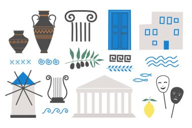 Akropolis, sütun, mavi kapı, Yunan vazoları, Akdeniz süslemeleri, limon, zeytin dalı, Santorini 'den beyaz ev. Seyahat, gelenek, tatil, tatil, broşür için vektör ilüstrasyonu