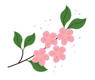 Çiçek açan bir meyve ağacı dalı. Pembe çiçekler ve beyaz arka planda polenler. Bahar, doğa, alerji. Parmak izi, el ilanı, kart, imza için tasarım. Çiçek bahçesi, sağlık, kiraz, elma, meyve bahçesi., 